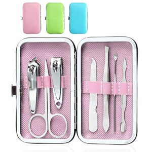 ywq 3 pack 7pcs manicure set,cute and surprisingly sturdy stainless steel nail clipper set with case, great gifts personal pedicure kit for women men girls travel, pink blue green