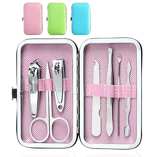 YWQ 3 Pack 7Pcs Manicure Set,Cute and Surprisingly Sturdy Stainless Steel Nail Clipper Set with case, Great Gifts Personal Pedicure Kit for Women Men Girls Travel, Pink Blue Green