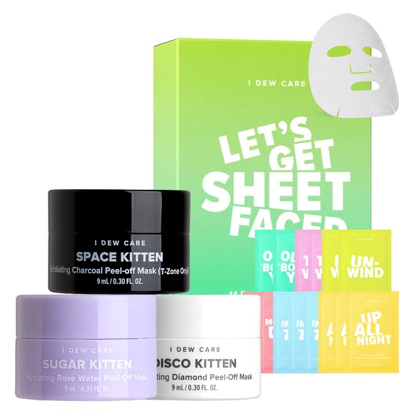 I DEW CARE Let’s Get Sheet Faced Face Sheet Mask Pack + Mini Meow Trio Peel Off Face Mask Set: Hydrating Mask, Illuminating Mask, Exfoliating Mask Bundle