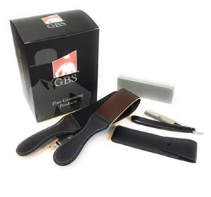 gbs professional 4pc straight razor shaving kit – comes with high quality straight razor with ebony wood handle, leather case for travel, sharpening stone, and 2″ x 22″ leather strop with swivel clip