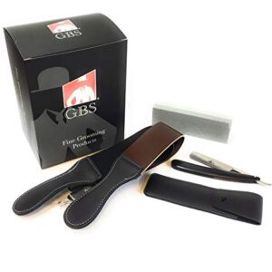 GBS Professional 4pc Straight Razor Shaving Kit - Comes with High Quality Straight Razor with Ebony Wood Handle, Leather case for Travel, Sharpening Stone, and 2" x 22" Leather strop with Swivel Clip