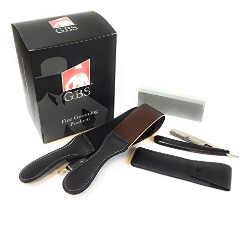 GBS Professional 4pc Straight Razor Shaving Kit - Comes with High Quality Straight Razor with Ebony Wood Handle, Leather case for Travel, Sharpening Stone, and 2" x 22" Leather strop with Swivel Clip