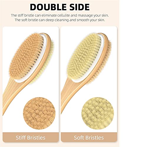 INGVY Dry Brushing Body Brush Long Wooden Handle Bath Brush Back Body Bath Shower Brush Scrubber Brushes with Soft and Stiff Bristles Exfoliating Skin Scrub