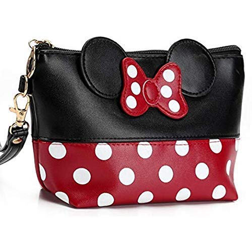 Cartoon Leather Travel Makeup Handbag, Cute Portable Cosmetic Bag Toiletry Pouch for Women Teen Girls Kids (Black)