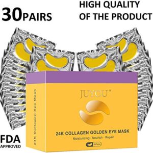 JUYOU 30Pairs 24K-Gold Collagen Eye Mask, Eye Pads, Eye Patch For Anti-wrinkles, Puffy Eyes, Dark Circles, Fine Lines Treatment, Gel Eye Pads, Under Eye Patches (Gold)