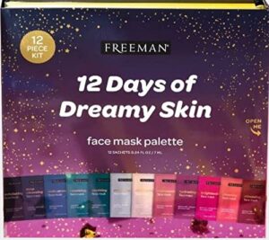 freeman beauty’s holiday face mask gift set, 12 days of dreamy skin face mask palette for skin care, oil absorbing clay, detoxifying charcoal, clearing peel off, hydrating gel cream, exfoliating scrub