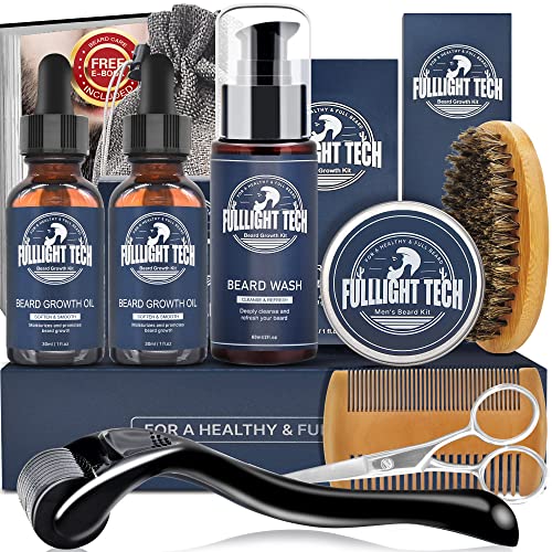 Beard Growth Kit W/Derma Roller/Beard Roller,Beard Wash,2 Packs Beard Oil,Mustache Wax/Beard Balm,Comb,Brush,Scissors,Beard Kit,Beard Grooming Kit for Men Gift Husband Boyfriend Birthday Gifts for Men