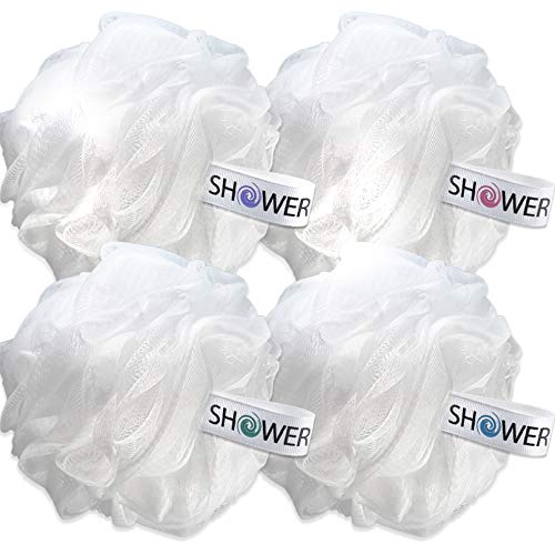 Loofah Soft-White-Cloud Bath-Sponge XL-75g-Set by Shower Bouquet: 4 Pack, Extra Large Mesh Pouf for Men and Women - Exfoliate with Big Gentle Cleanse Scrubber in Beauty Bathing Accessories