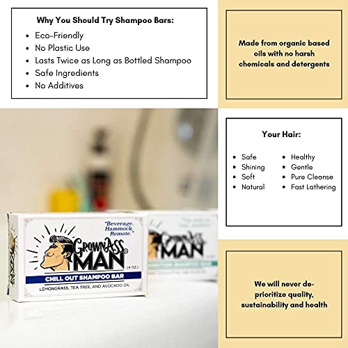 Grown Ass Man Co. - Solid Shampoo Bar Rich Lather 3 in 1: Hair, Beard & Body Wash - Plastic Free & Eco-Friendly, Natural & Organic Clean for All Hair Types, 4oz Bar (Chill Out, 3-Pack)