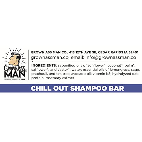 Grown Ass Man Co. - Solid Shampoo Bar Rich Lather 3 in 1: Hair, Beard & Body Wash - Plastic Free & Eco-Friendly, Natural & Organic Clean for All Hair Types, 4oz Bar (Chill Out, 3-Pack)