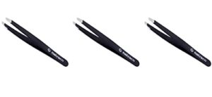 stainless steel slant precision tweezers – professional tweezers for eyebrows & hair removal – black (pack of 3)