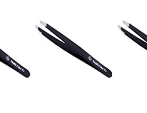 Stainless Steel Slant Precision Tweezers – Professional Tweezers for Eyebrows & Hair Removal – Black (Pack of 3)