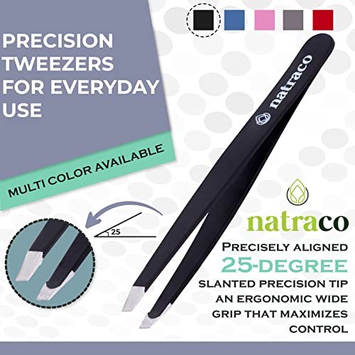 Stainless Steel Slant Precision Tweezers – Professional Tweezers for Eyebrows & Hair Removal – Black (Pack of 3)