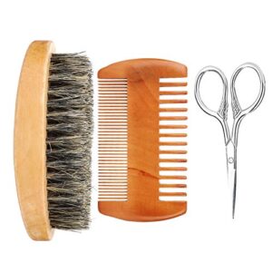 men’s beard grooming set, double-sided comb and beard brush soft synthetic hair styling brush and shaving scissors shaving beards and mustaches(beard brush + comb + scissors))