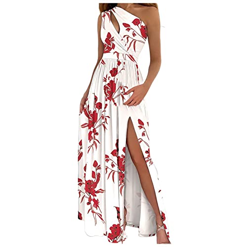 Maxi Dress for Women Beach Vacation Plus Size Wedding Guest Boho Floral Split Dresses Sexy Casual Red One Shoulder Smocked Dress Resort Wear 2023 Fairy Dress Vestidos Tiktok Dress(B White,X-Large)