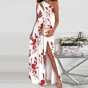 Maxi Dress for Women Beach Vacation Plus Size Wedding Guest Boho Floral Split Dresses Sexy Casual Red One Shoulder Smocked Dress Resort Wear 2023 Fairy Dress Vestidos Tiktok Dress(B White,X-Large)