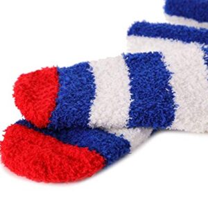 MOGGEI Womens Thigh High Fuzzy Socks Over Knee High Striped Stocking Stuffers Fluffy Cozy Slipper Fleece Gift Socks 2 Pairs (Blue & White Striped)