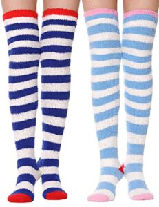 moggei womens thigh high fuzzy socks over knee high striped stocking stuffers fluffy cozy slipper fleece gift socks 2 pairs (blue & white striped)