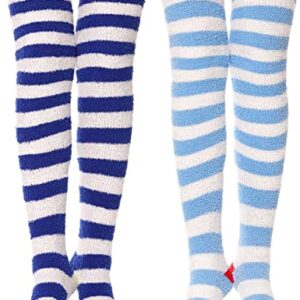 MOGGEI Womens Thigh High Fuzzy Socks Over Knee High Striped Stocking Stuffers Fluffy Cozy Slipper Fleece Gift Socks 2 Pairs (Blue & White Striped)