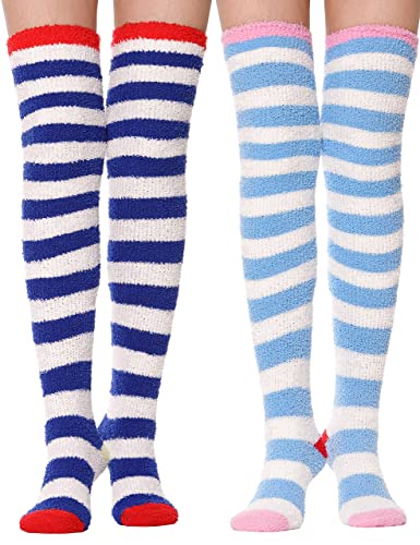 MOGGEI Womens Thigh High Fuzzy Socks Over Knee High Striped Stocking Stuffers Fluffy Cozy Slipper Fleece Gift Socks 2 Pairs (Blue & White Striped)