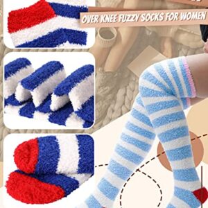 MOGGEI Womens Thigh High Fuzzy Socks Over Knee High Striped Stocking Stuffers Fluffy Cozy Slipper Fleece Gift Socks 2 Pairs (Blue & White Striped)