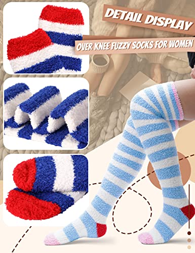 MOGGEI Womens Thigh High Fuzzy Socks Over Knee High Striped Stocking Stuffers Fluffy Cozy Slipper Fleece Gift Socks 2 Pairs (Blue & White Striped)