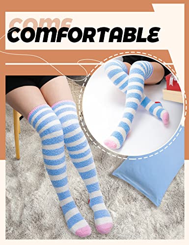 MOGGEI Womens Thigh High Fuzzy Socks Over Knee High Striped Stocking Stuffers Fluffy Cozy Slipper Fleece Gift Socks 2 Pairs (Blue & White Striped)