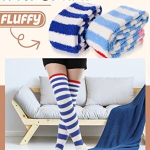 MOGGEI Womens Thigh High Fuzzy Socks Over Knee High Striped Stocking Stuffers Fluffy Cozy Slipper Fleece Gift Socks 2 Pairs (Blue & White Striped)