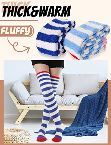 MOGGEI Womens Thigh High Fuzzy Socks Over Knee High Striped Stocking Stuffers Fluffy Cozy Slipper Fleece Gift Socks 2 Pairs (Blue & White Striped)