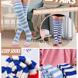 MOGGEI Womens Thigh High Fuzzy Socks Over Knee High Striped Stocking Stuffers Fluffy Cozy Slipper Fleece Gift Socks 2 Pairs (Blue & White Striped)