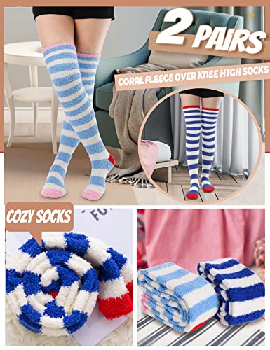 MOGGEI Womens Thigh High Fuzzy Socks Over Knee High Striped Stocking Stuffers Fluffy Cozy Slipper Fleece Gift Socks 2 Pairs (Blue & White Striped)