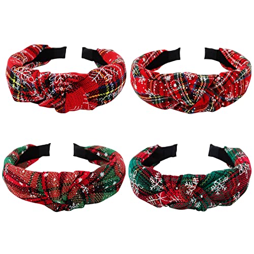 TOBATOBA 4 Pcs Christmas Headbands for Women Girls Cute Plaid Snowflake Headband Top Knot Headband for Women Holiday Christmas Hair Accessories Christmas Gifts Stocking Stuffers Gifts for Women Kids