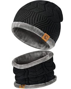 beanie hats for men women – neck warmer winter hat scarf set gifts for man woman, dual layered fleece lined winter cap, chunky toboggan knit hat, thick soft stretchy skull cap black stocking stuffer