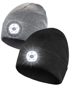 unisex beanie hat with light 2 pack, 5 led 3 modes rechargeable hands free headlamp hat, knitted hat with light for men women kid, winter men gift stocking stuffers for christmas day (black&grey)