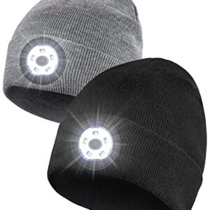 Unisex Beanie Hat with Light 2 Pack, 5 LED 3 Modes Rechargeable Hands Free Headlamp Hat, Knitted Hat with Light for Men Women Kid, Winter Men Gift Stocking Stuffers for Christmas Day (Black&Grey)