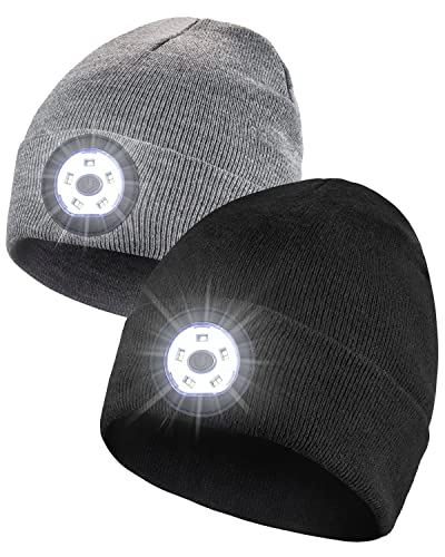 Unisex Beanie Hat with Light 2 Pack, 5 LED 3 Modes Rechargeable Hands Free Headlamp Hat, Knitted Hat with Light for Men Women Kid, Winter Men Gift Stocking Stuffers for Christmas Day (Black&Grey)