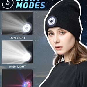 Unisex Beanie Hat with Light 2 Pack, 5 LED 3 Modes Rechargeable Hands Free Headlamp Hat, Knitted Hat with Light for Men Women Kid, Winter Men Gift Stocking Stuffers for Christmas Day (Black&Grey)