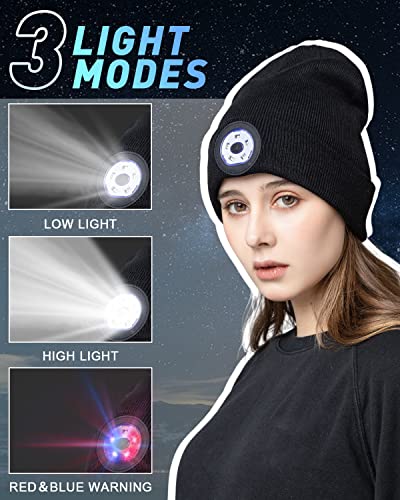 Unisex Beanie Hat with Light 2 Pack, 5 LED 3 Modes Rechargeable Hands Free Headlamp Hat, Knitted Hat with Light for Men Women Kid, Winter Men Gift Stocking Stuffers for Christmas Day (Black&Grey)