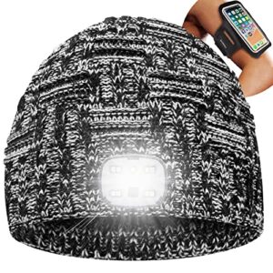 Beanie Winter Hat with LED Light &Armband Unique Christmas Travel Gifts Stocking Stuffers for Men Women Teen Adult Her (Black Mix White)