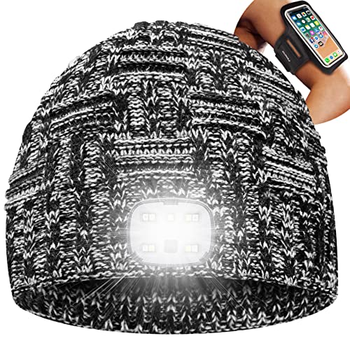 Beanie Winter Hat with LED Light &Armband Unique Christmas Travel Gifts Stocking Stuffers for Men Women Teen Adult Her (Black Mix White)