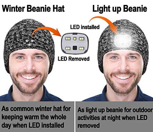 Beanie Winter Hat with LED Light &Armband Unique Christmas Travel Gifts Stocking Stuffers for Men Women Teen Adult Her (Black Mix White)