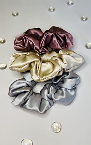 BLP Silk Scrunchie 100% Mulberry Silk for Hair 3-pack Hair Scrunchie for Women's Hair Neutral Colors Sleep Hair Tie Stocking Stuffer Ideas