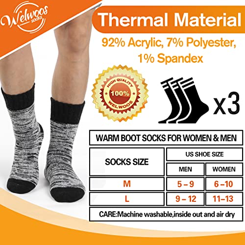 Welwoos Heated Thermal Socks for Women & Men Winter Warm Ski Thick Boot Insulated Gift Socks Stocking Stuffers for Women 3 Pairs (Black,M)