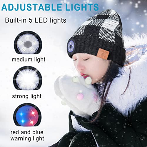 Bluetooth Beanie Hat with LED Light - Winter Music Knit Hats with Wireless Headphones Speaker for Outdoor Camping Running Walking Unique Christmas Stocking Stuffers Birthday for Men Women