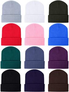 zhanmai 12 pieces knit hat beanie hats warm cozy knitted cuffed skull cap for adults kids (multicolor)
