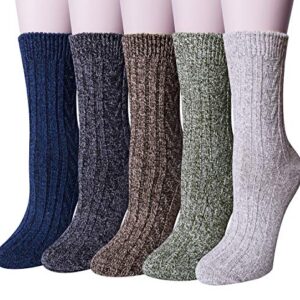 Pack of 5 Womens Winter Socks Warm Thick Knit Wool Soft Vintage Casual Crew Socks Gifts,A-Navy/Dark grey/Brown/Green/Light grey