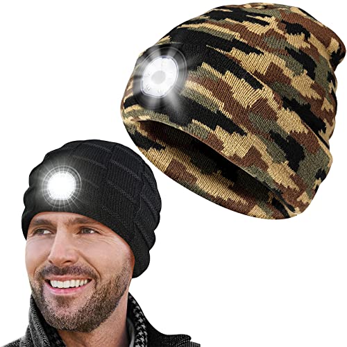 PASTACO Chirstmas Stocking Stuffers Gifts for Men Women, 2 PCS LED Beanie Hat with Light