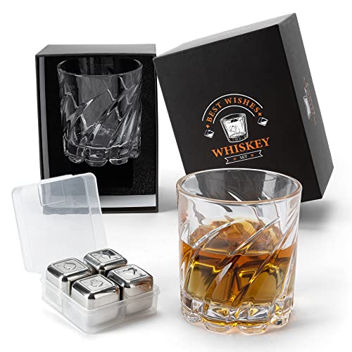 MIMITOOU Whiskey Glasses, Whiskey Stones Gift Sets for Men Sets Includes Whiskey Rocks Glasses with Reusable Stainless Steel Ice Cubes for Men/Women, Christmas Stocking Stuffers