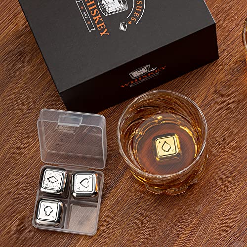 MIMITOOU Whiskey Glasses, Whiskey Stones Gift Sets for Men Sets Includes Whiskey Rocks Glasses with Reusable Stainless Steel Ice Cubes for Men/Women, Christmas Stocking Stuffers