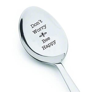 weefair motivational gifts for men women | dont worry bee happy – engraved spoon gift coffee tea dessert lovers friends birthday christmas stocking stuffer -7 inches teaspoon, silver